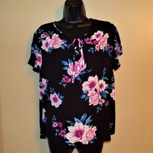 Pink Rose NWT Black Flowered Pullover Top